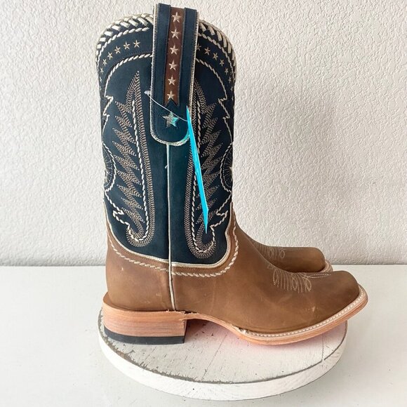 NEW Lane RODEO HOUSTON Mens Cowboy Boots 10 Brown Navy Leather Western Blunt Toe - Picture 2 of 11